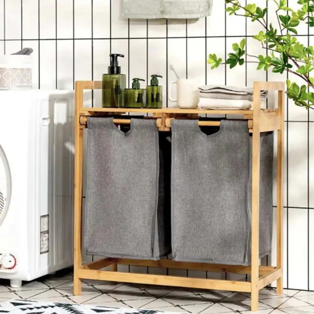 Cesto Lavanderí Estante Doble Bambú para Ropa Gris Santú Home & Deco