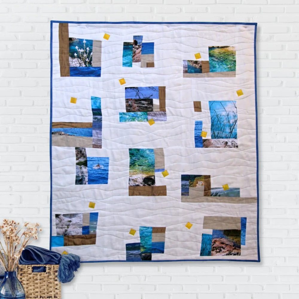 Manta artesanal de patchwork moderno – Menorca FibraCreativa Patchwork & Kits