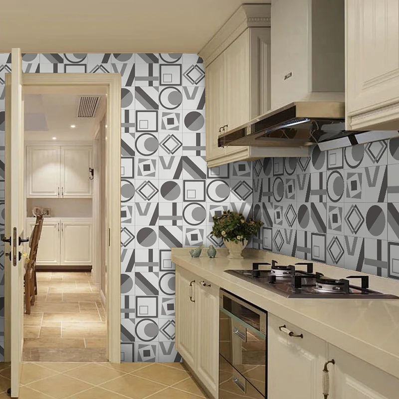 Juego de paneles de papel pintado con forma geométrica gris, despegar y pegar, arte moderno de pared para baño Clearhalo
