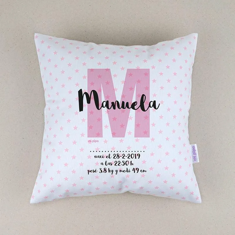 Cojín Personalizado Datos Nacimiento Bebé Mi Pipo Inicial Rosa estrellas
