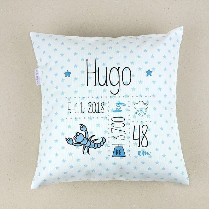 Cojín Personalizado Datos Nacimiento Bebé Mi Pipo Horoscopo azul
