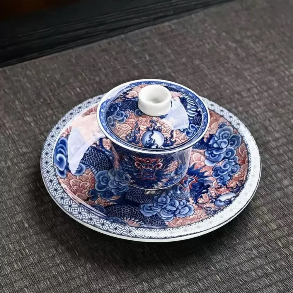 Gaiwan Dragon Ascension con plato de presentación Té y batidor