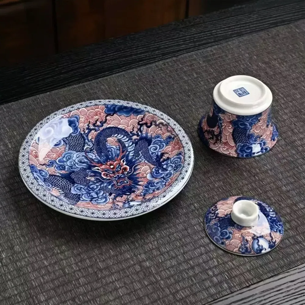 Gaiwan Dragon Ascension con plato de presentación Té y batidor