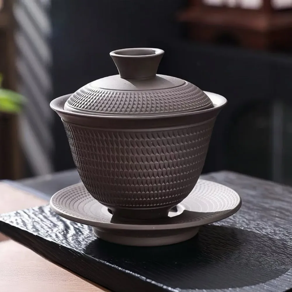 Patrón de hoja: Yixing Zisha Arcilla Púrpura Gaiwan Té y batidor