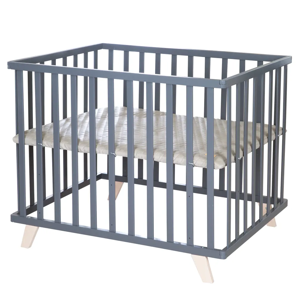 Parc 75 x 100 avec pieds en bois + Tapis 'Greyish matelassé' - Bois anthracite