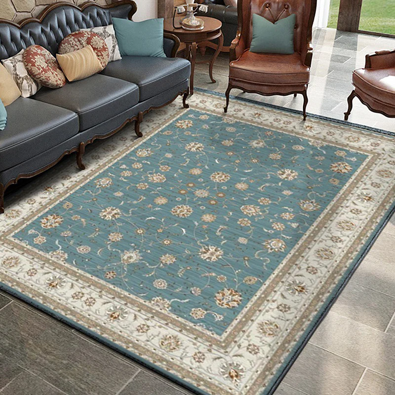 Tapis classique bleu et kaki en Material poliéster à motif Floral, lavable, antidérapant, pour le salon
