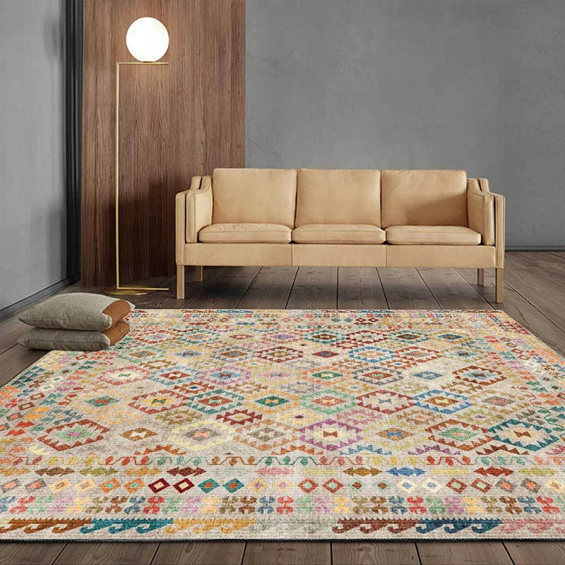 Tapis imprimé géométrique bohème, jaune, en Material duradero, lavable en Machine, antidérapant, pour salon