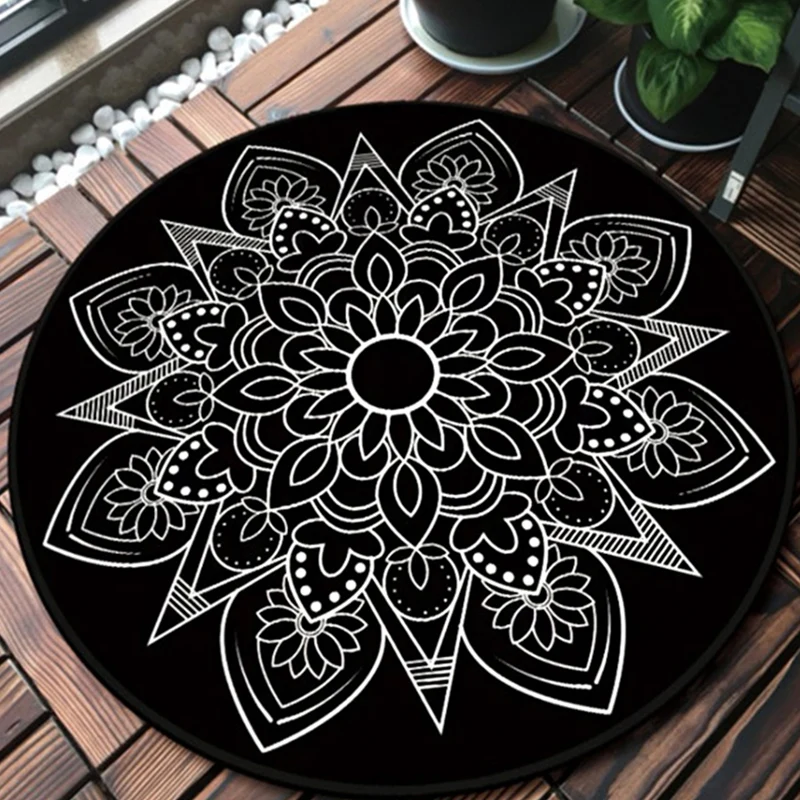Tapis médaillon tribal noir et blanc, tapis du sud-ouest en Material duradero lavable pour salon
